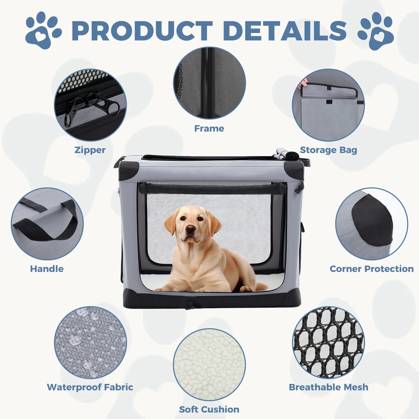 JHK Foldable Soft Dog Crate Kennel With Three Doors Indoors