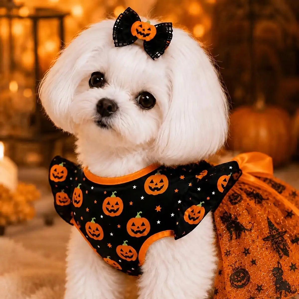 Breathable Halloween Pumpkin Print Dog Dress With Bow