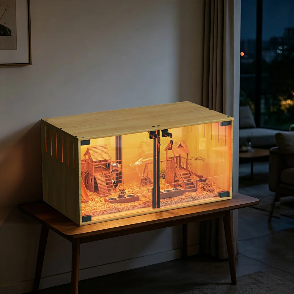 Wooden Hamster Cage Chew Proof With Dual Doors Removable Divider