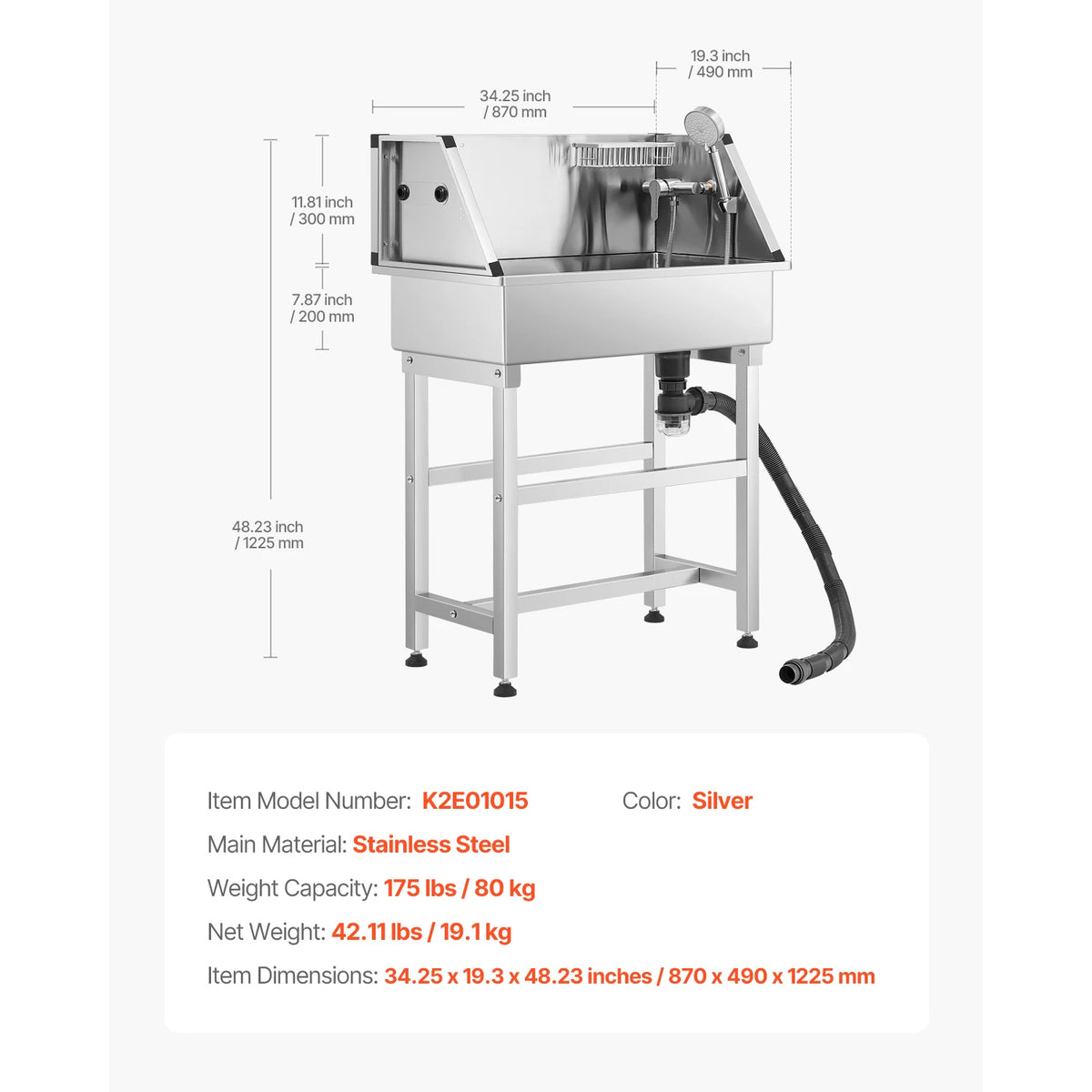 Vevor Stainless Steel Dog Washing Station with Sprayer and Rack