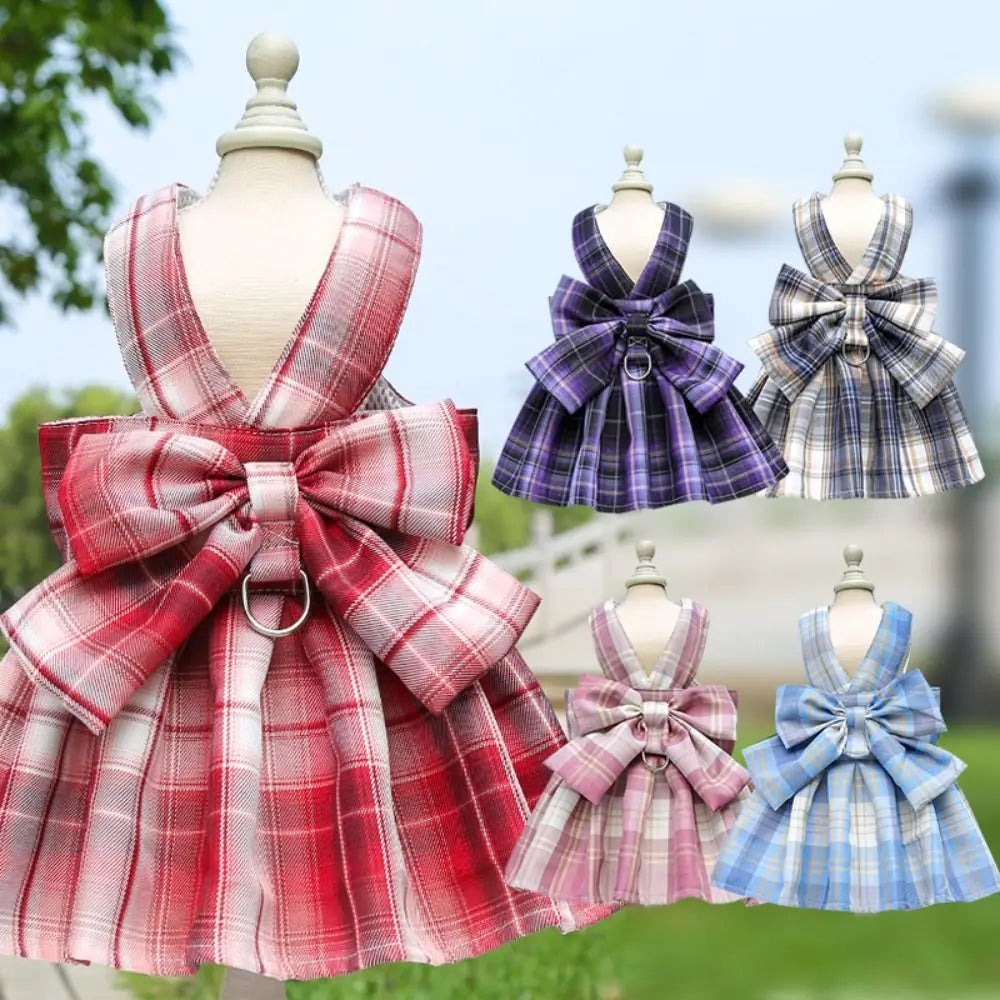 Dog Plaid JK Dress Harness Skirt With Leash Traction Washable
