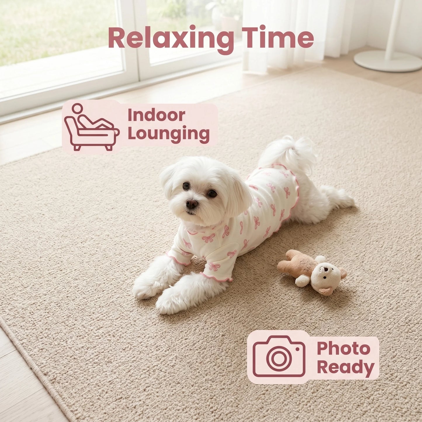 Breathable Knit Pet Sweater With Allover Print And Pink Bow Tie