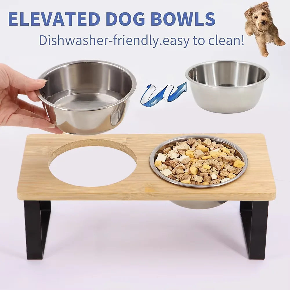 Raised Tilted Cat Bowls With Wooden Stand And Two Stainless Steel Bowls