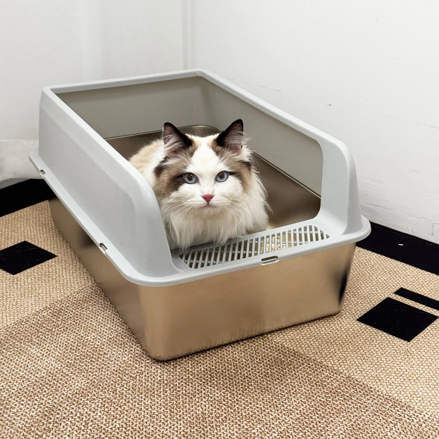 Stainless Steel Large High-Sided Cat Litter Box With Spoon
