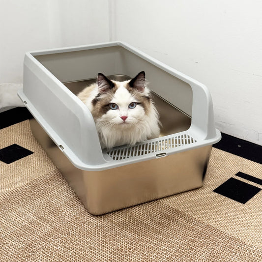 Stainless Steel Large High-Sided Cat Litter Box With Spoon