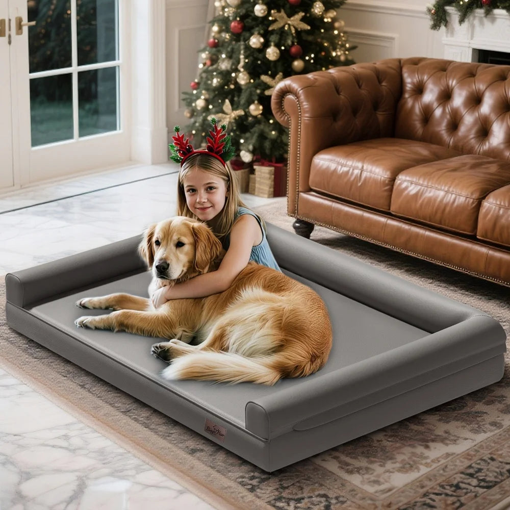 Borwart Orthopedic Dog Bed With Removable Cover Microfiber Leather Calming