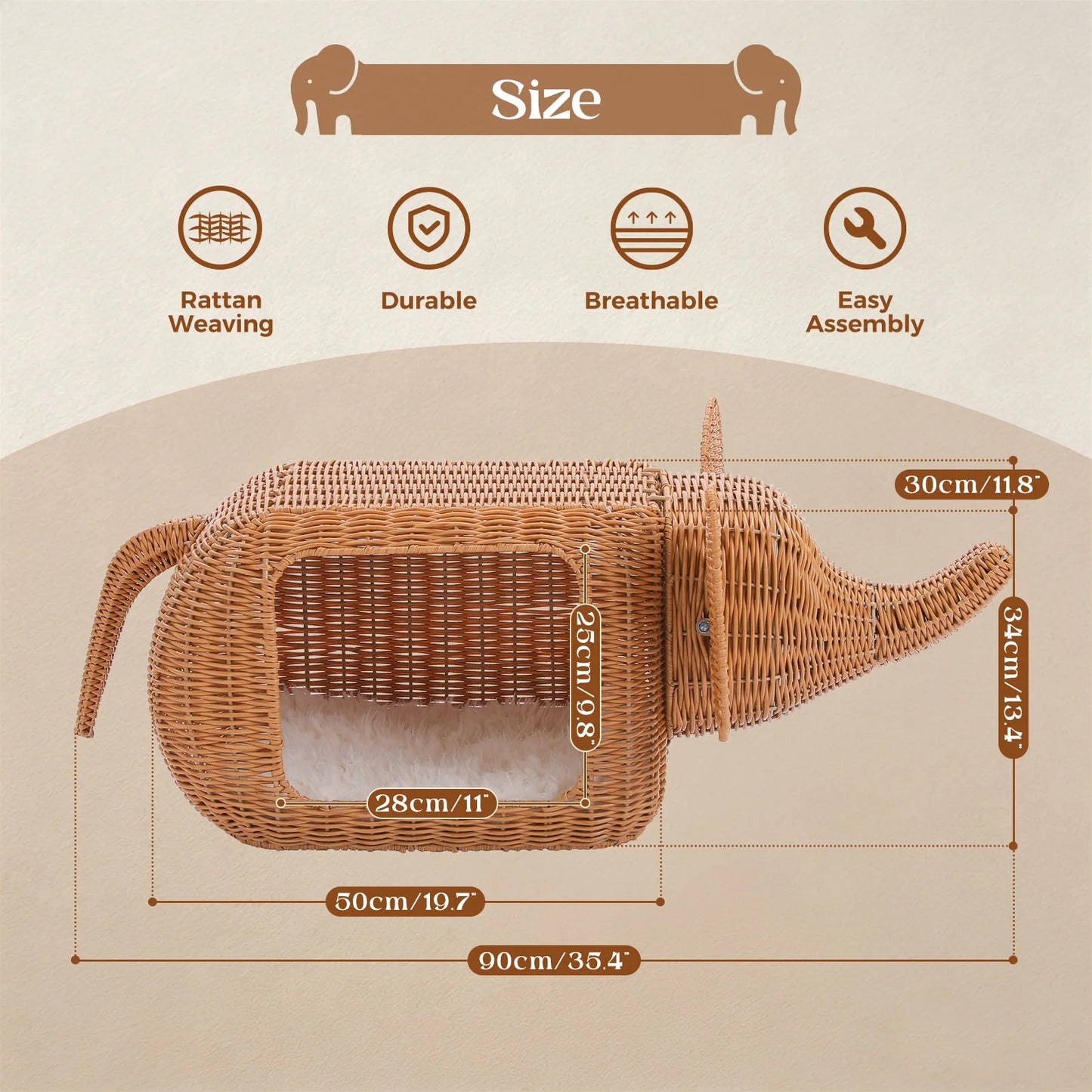 PEQULTI Elephant Rattan Cat Condo Bed Plush Cushioned Hideaway