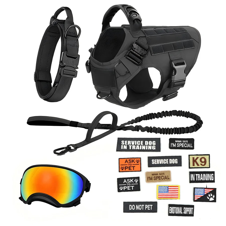 Tactical Dog Harness Vest With Leash Velcro Patches And Sunglasses