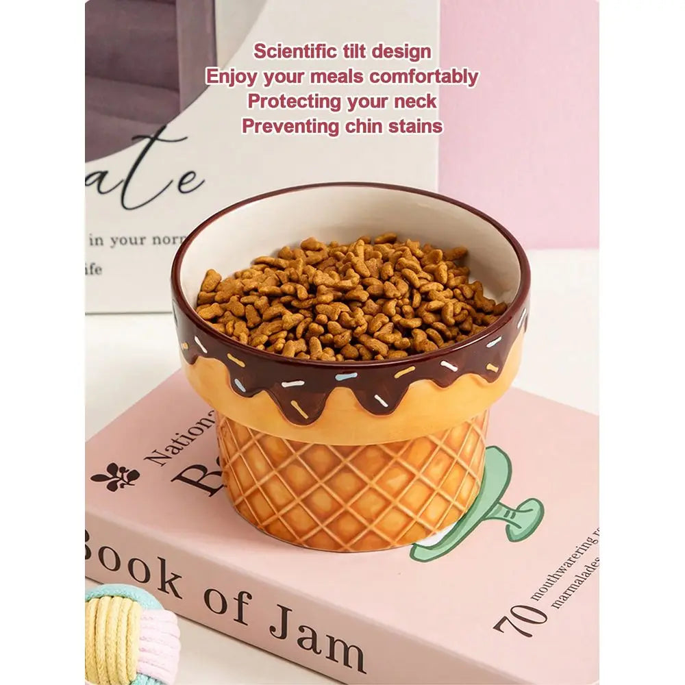 Ceramic Elevated Pet Bowl With Ice Cream Design Anti Tilt