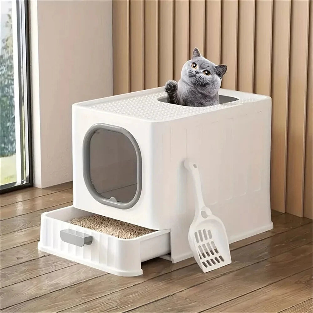 Enclosed Cat Litter Box With Scoop Drawer And Skylight Design
