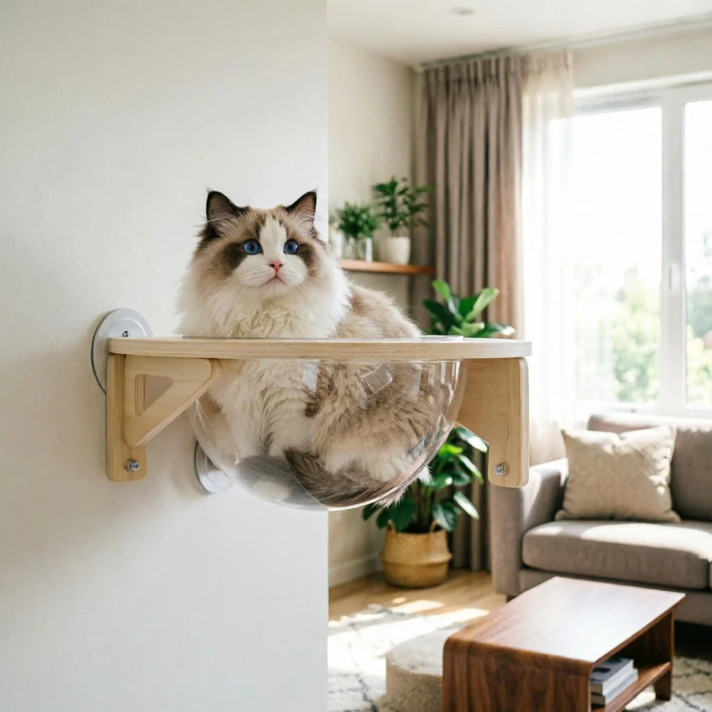 Clear Space Capsule Cat House Wall Mounted With Wooden Frame