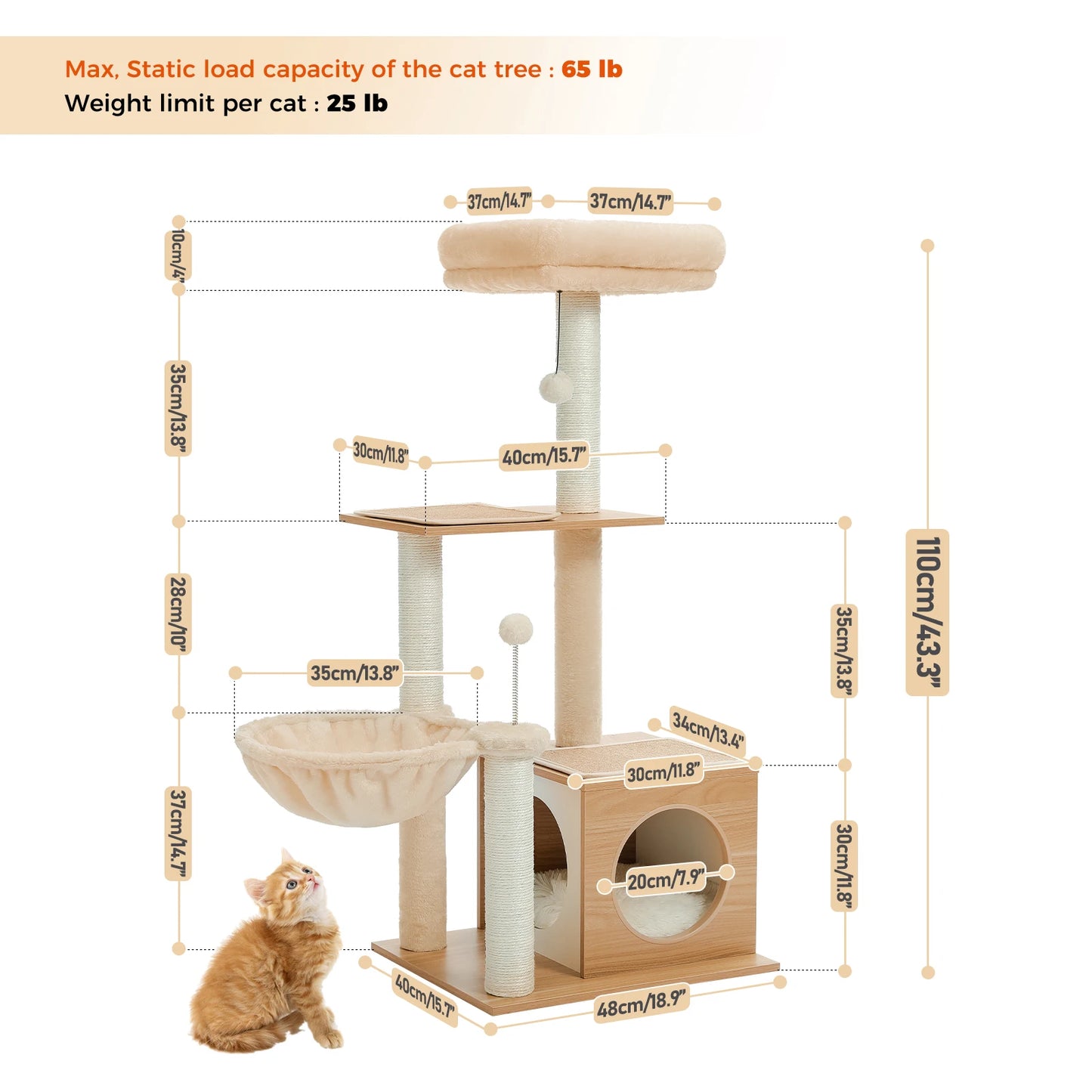 PAWZ Road Modern 3-Tier Wood Cat Tree With Cozy Condo