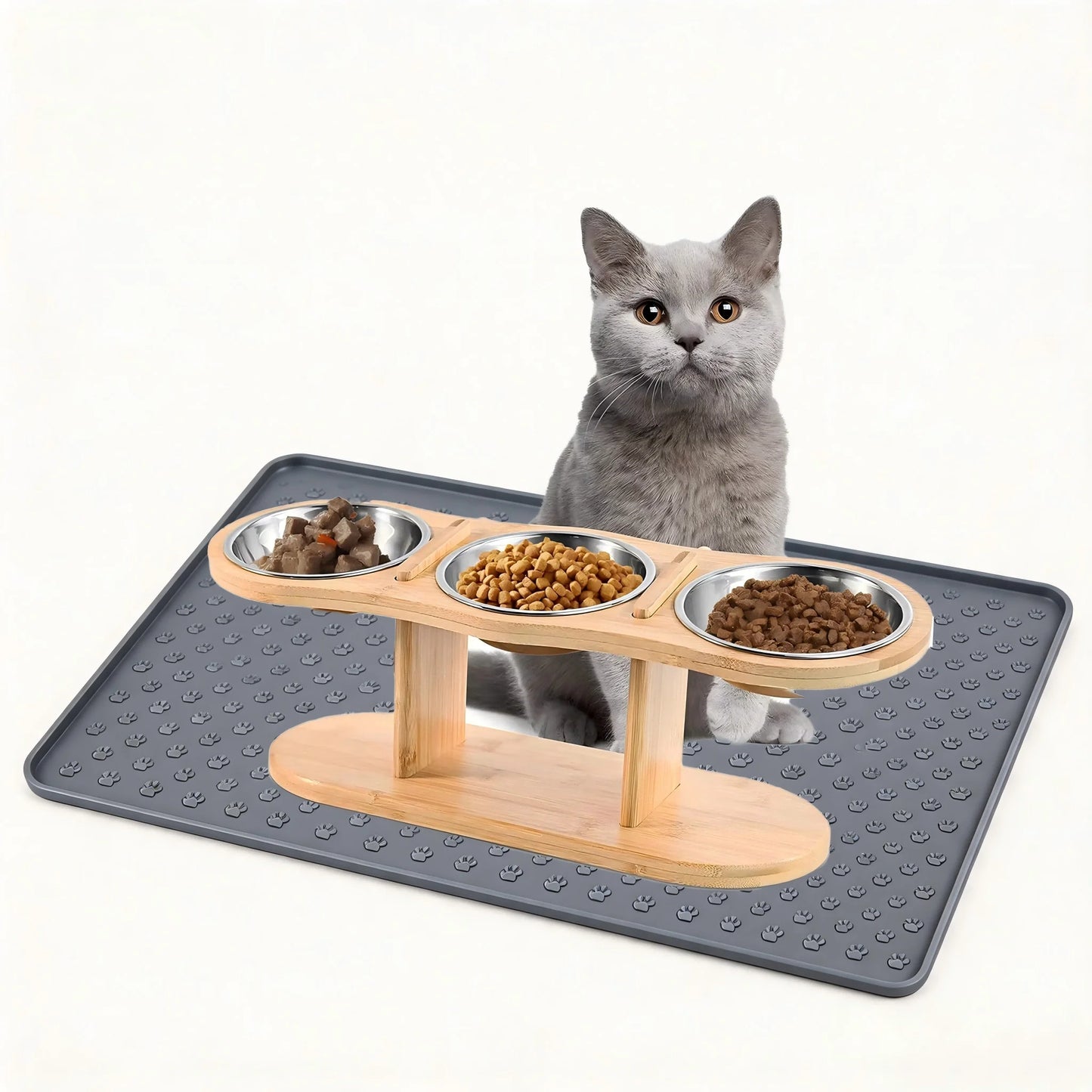Raised Cat Feeder With Tilted Silicone Mat And 3 Stainless Bowls