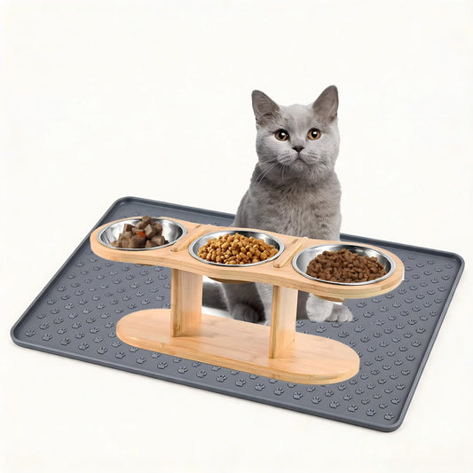 Cat Raised Feeder With Tilted 15 Degree Wood Stand Bowls