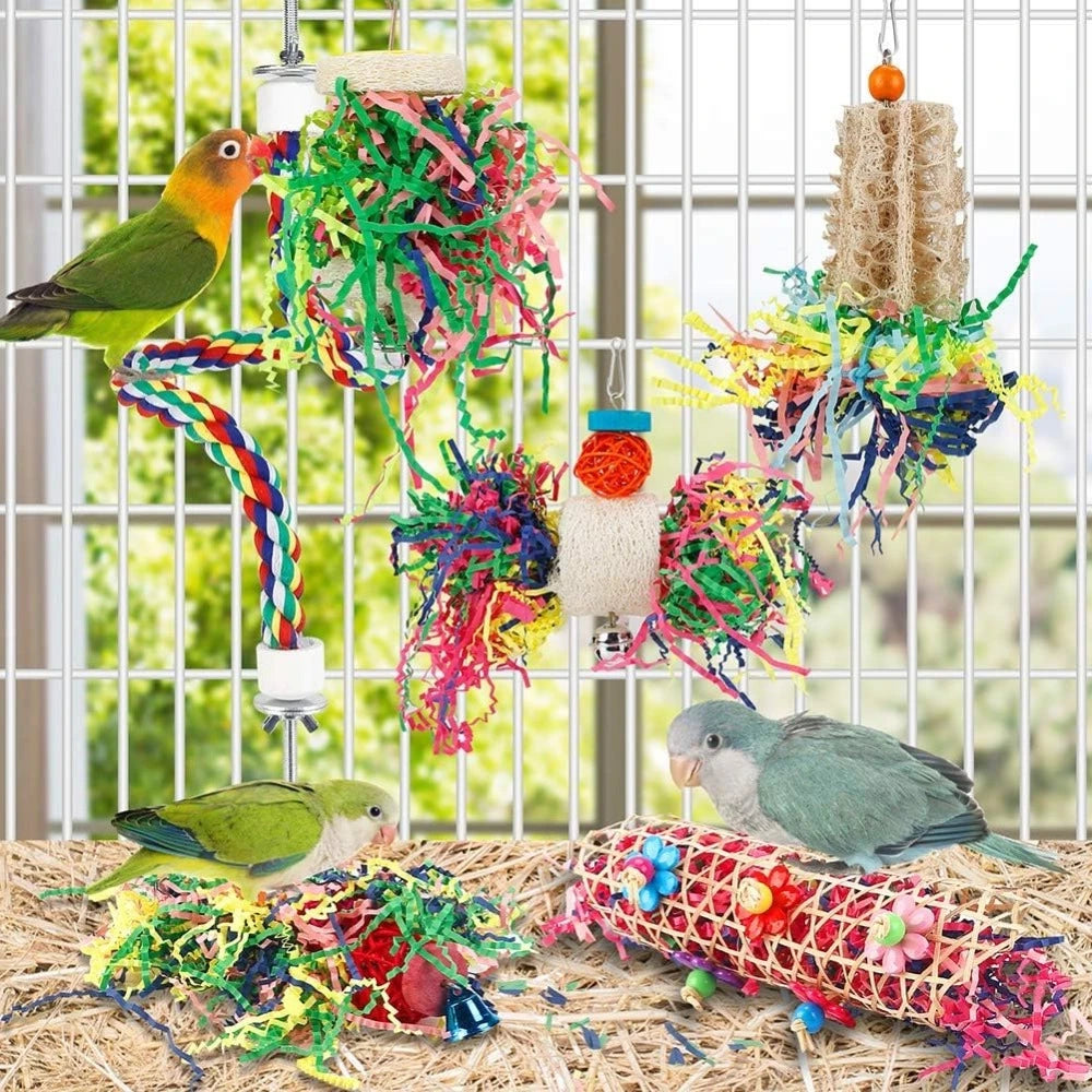 Bird Chew Toys For Parrots Paper Shred Foraging Cage Hanging 6 Pack