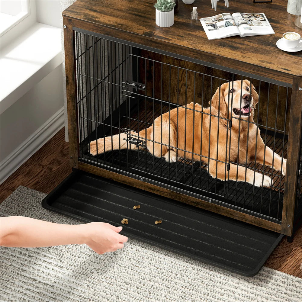 BORWART Wooden Elevated Dog Crate End Table With Double Doors