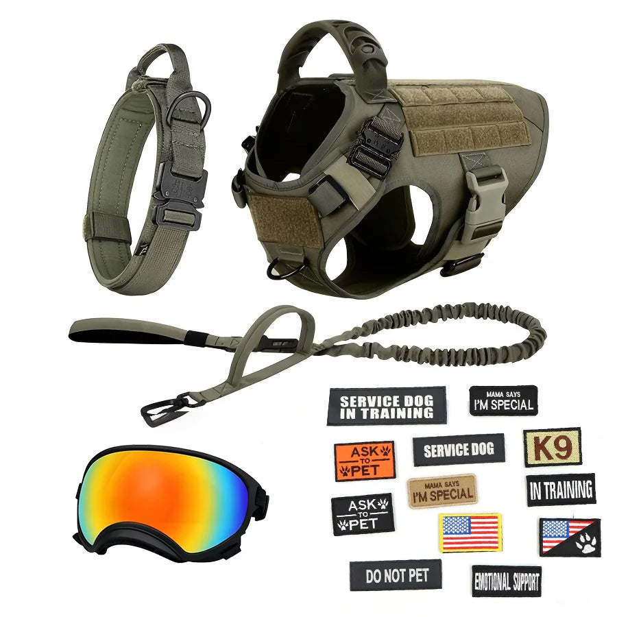 Tactical Dog Harness Vest With Leash Velcro Patches And Sunglasses