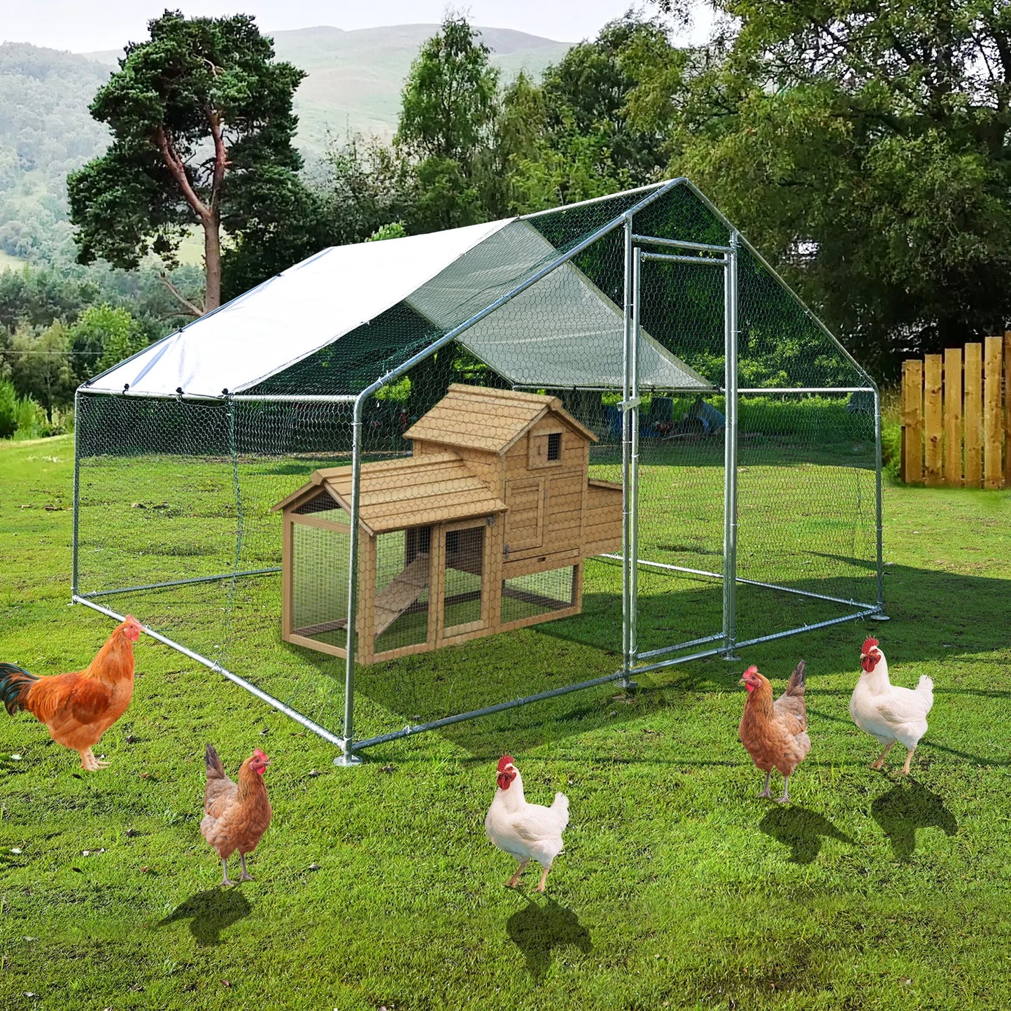 Teousev Walk In Metal Chicken Coop With Roof And Hex Mesh