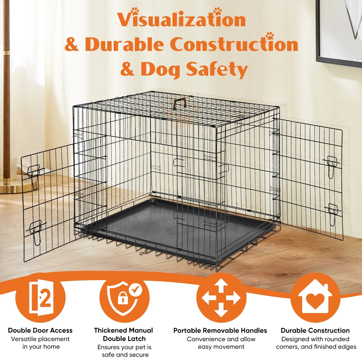 JHK Double Door Folding Metal Wire Dog Kennel With Tray