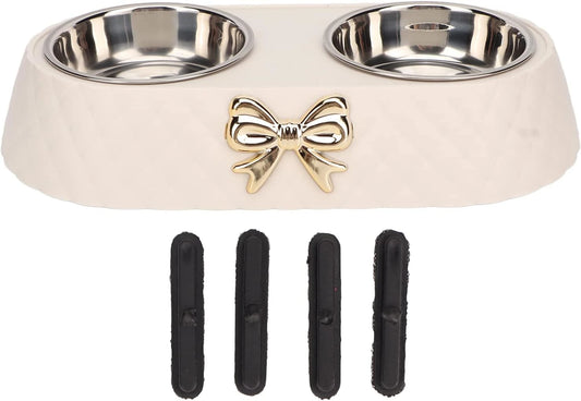 Double Pet Bowl Set With Bowknot Decor Holder Stainless Steel