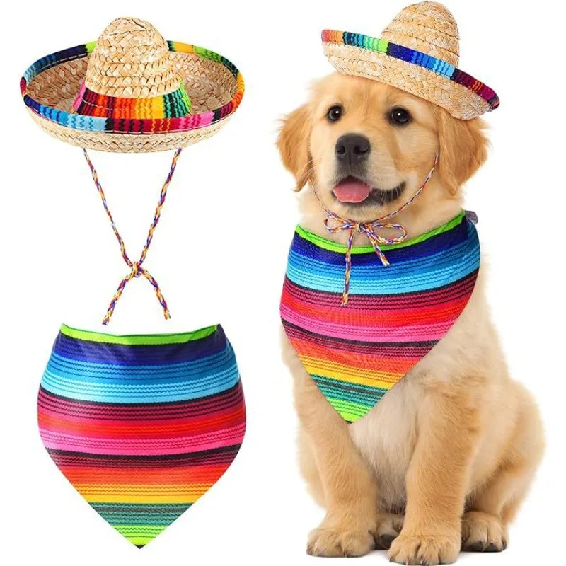Breathable Straw Sombrero Bandana Set For Small Dogs And Cats