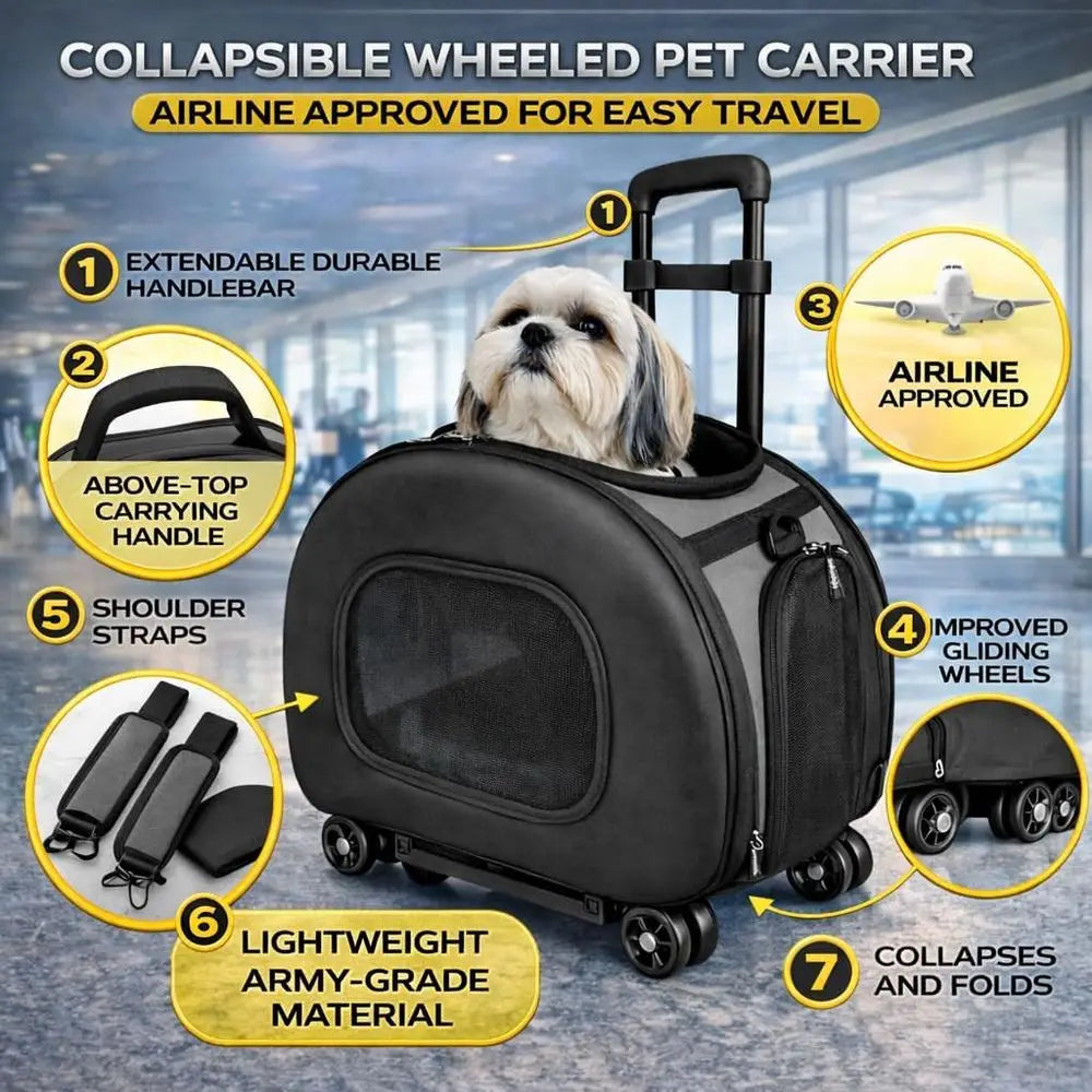Hardshell Airline Approved Wheeled 2in1 Cat Dog Carrier Travel Kennel