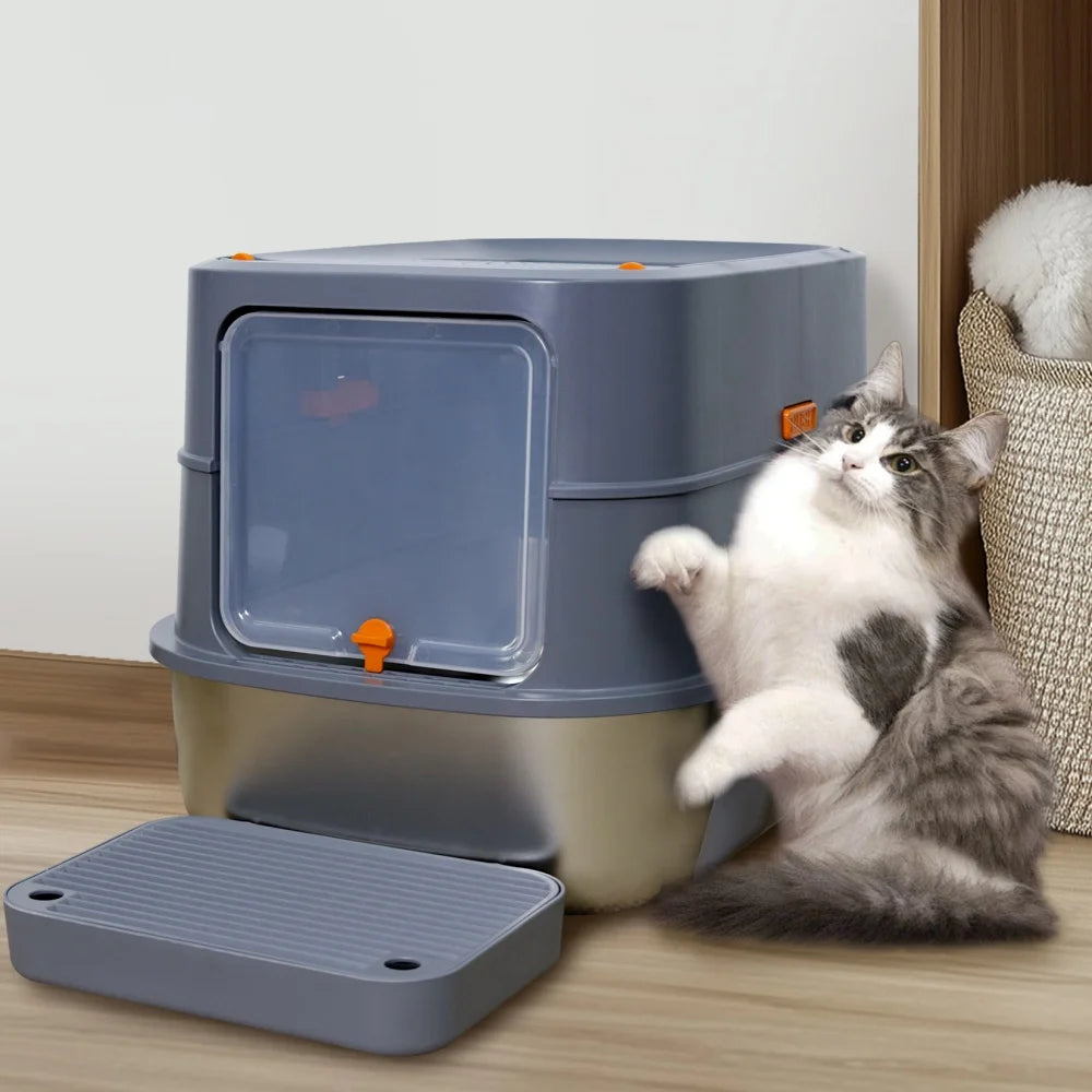 Stainless Steel Enclosed Cat Litter Box With Removable Lid And Scoop
