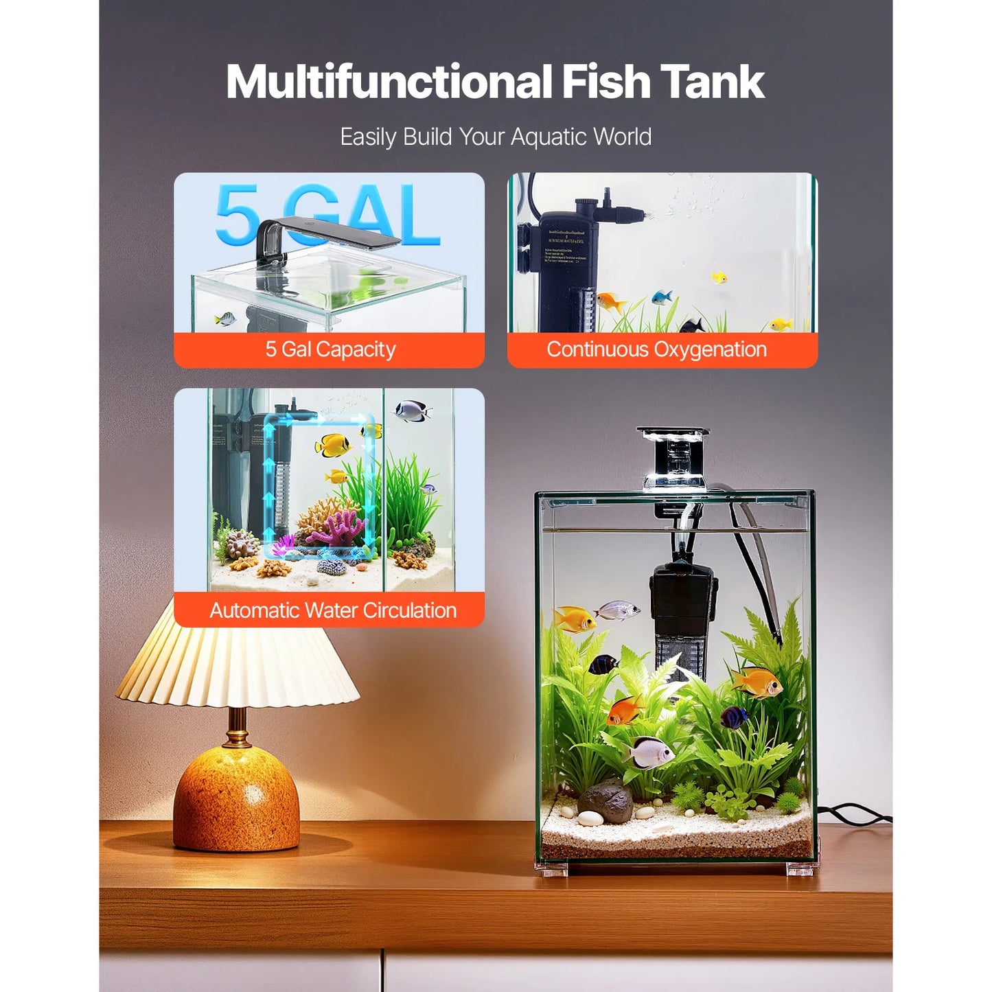 SucceBuy Glass Aquarium With Adjustable Three Color Lighting Self Cleaning