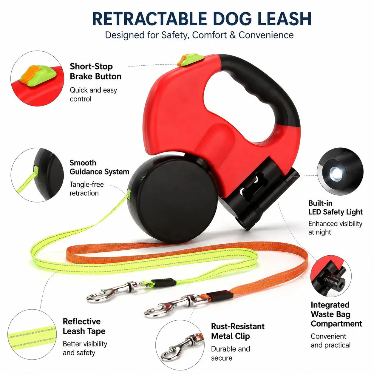 Dual Retractable Dog Leash With LED Light For Small Dogs