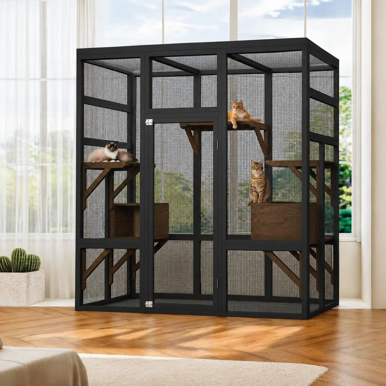 HiMISS Outdoor Wooden Catio Enclosure With Durable Roof And Rest Platforms