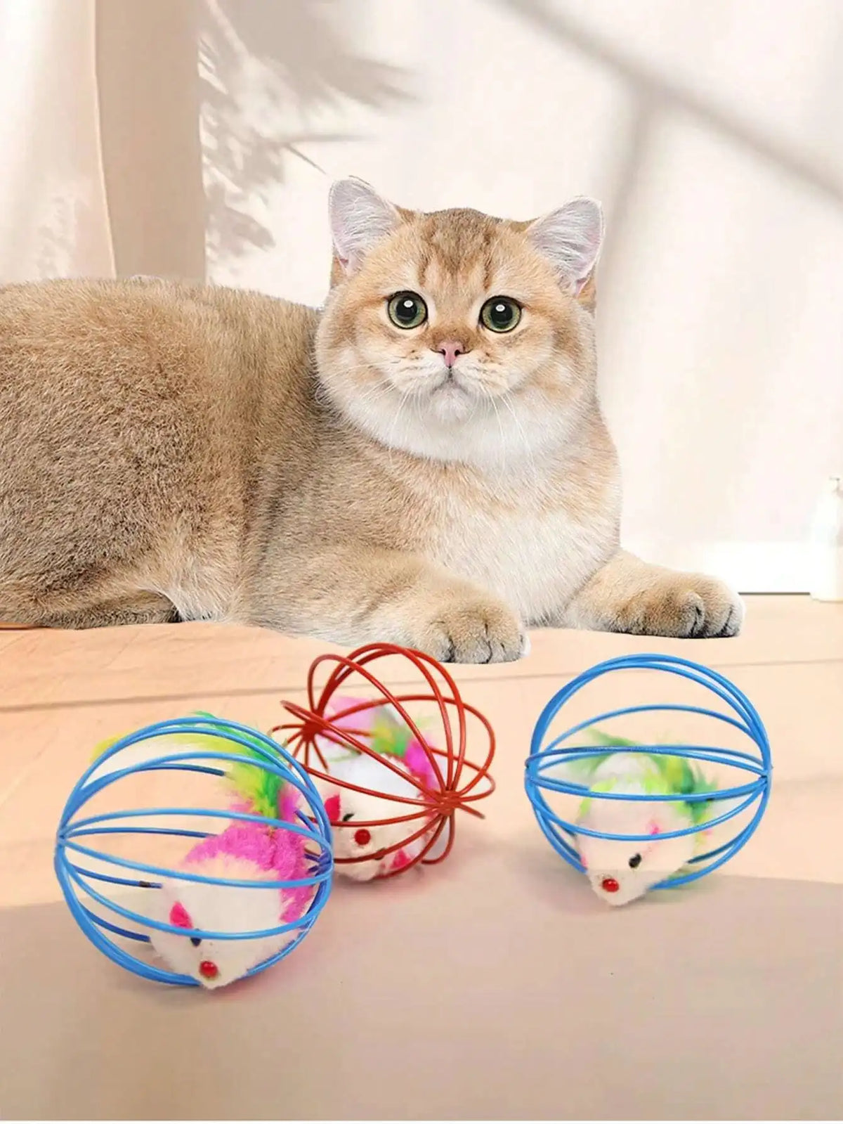 Interactive Indoor Cat Toy Set With Fleece Caged Mouse Balls