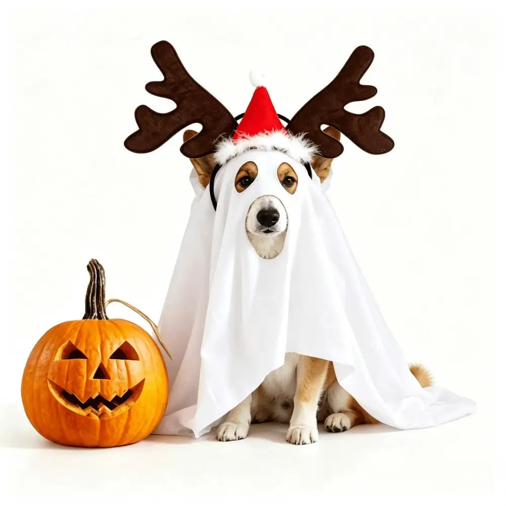 Halloween Ghost Pet Cape With Reindeer Antlers Headband Set