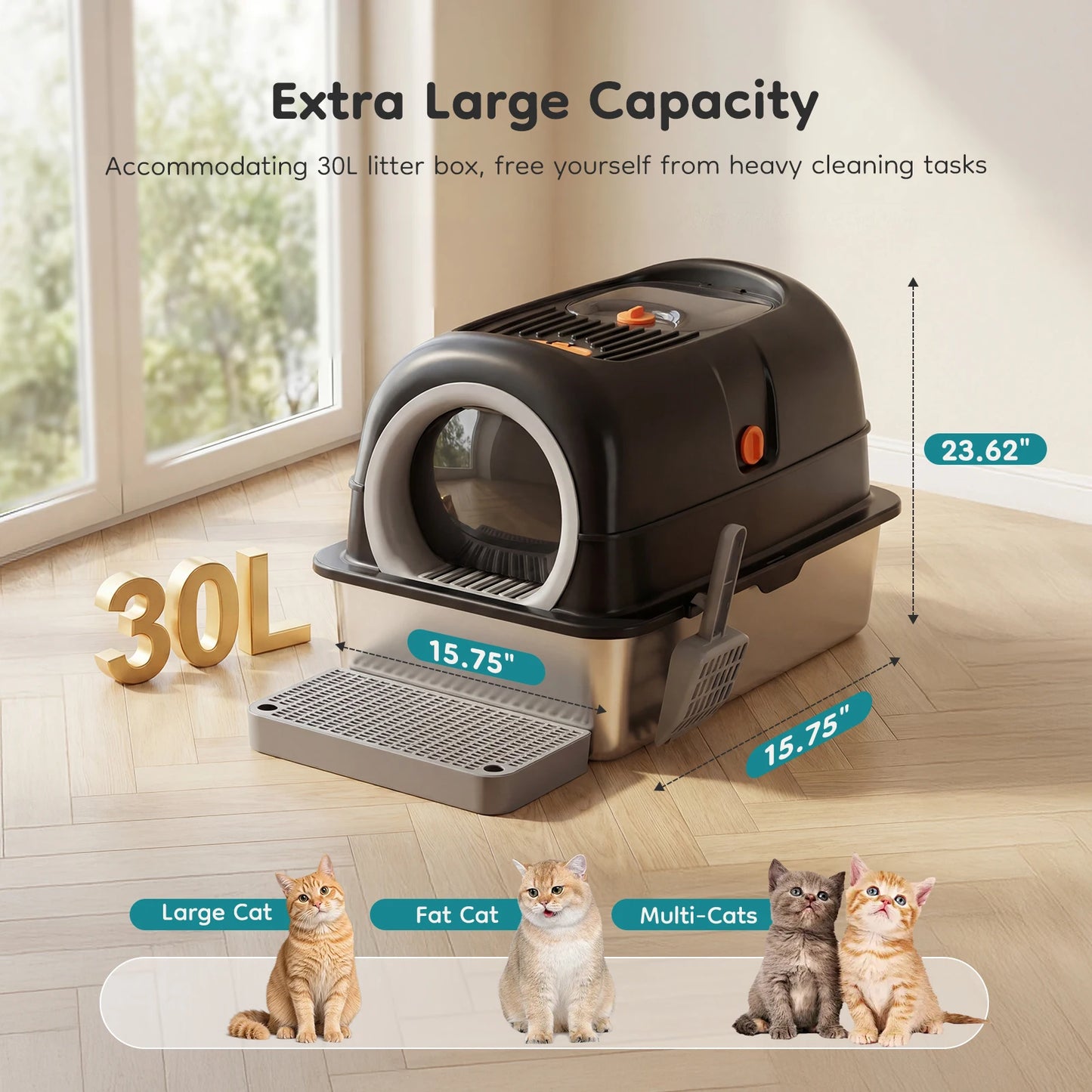 JHK Stainless Steel Enclosed Cat Litter Box for Big Cats