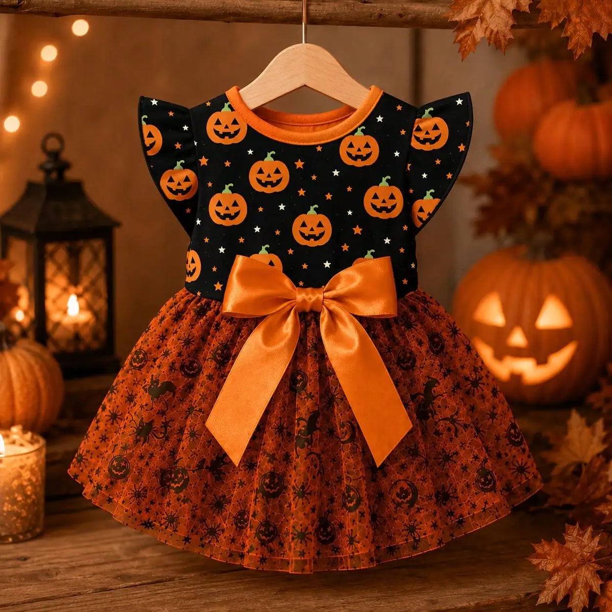 Breathable Halloween Pumpkin Print Dog Dress With Bow