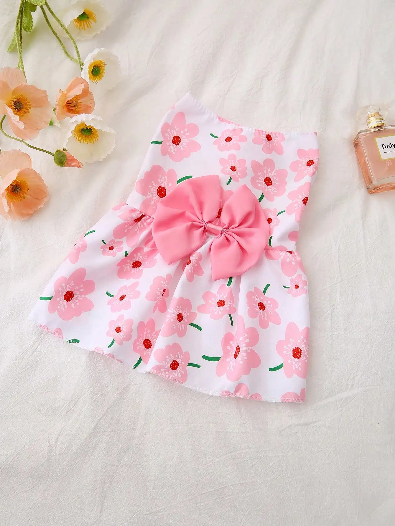 Strawberry Print Bow Decor Dog Dress For Christmas Holidays