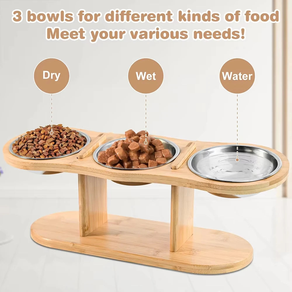 Raised Cat Feeder With Tilted Silicone Mat And 3 Stainless Bowls