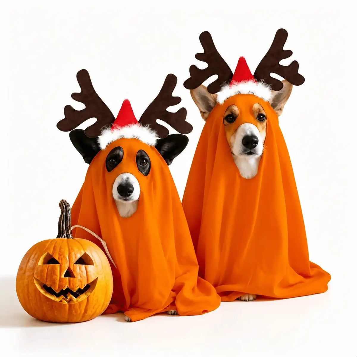 Halloween Ghost Pet Cape With Reindeer Antlers Headband Set