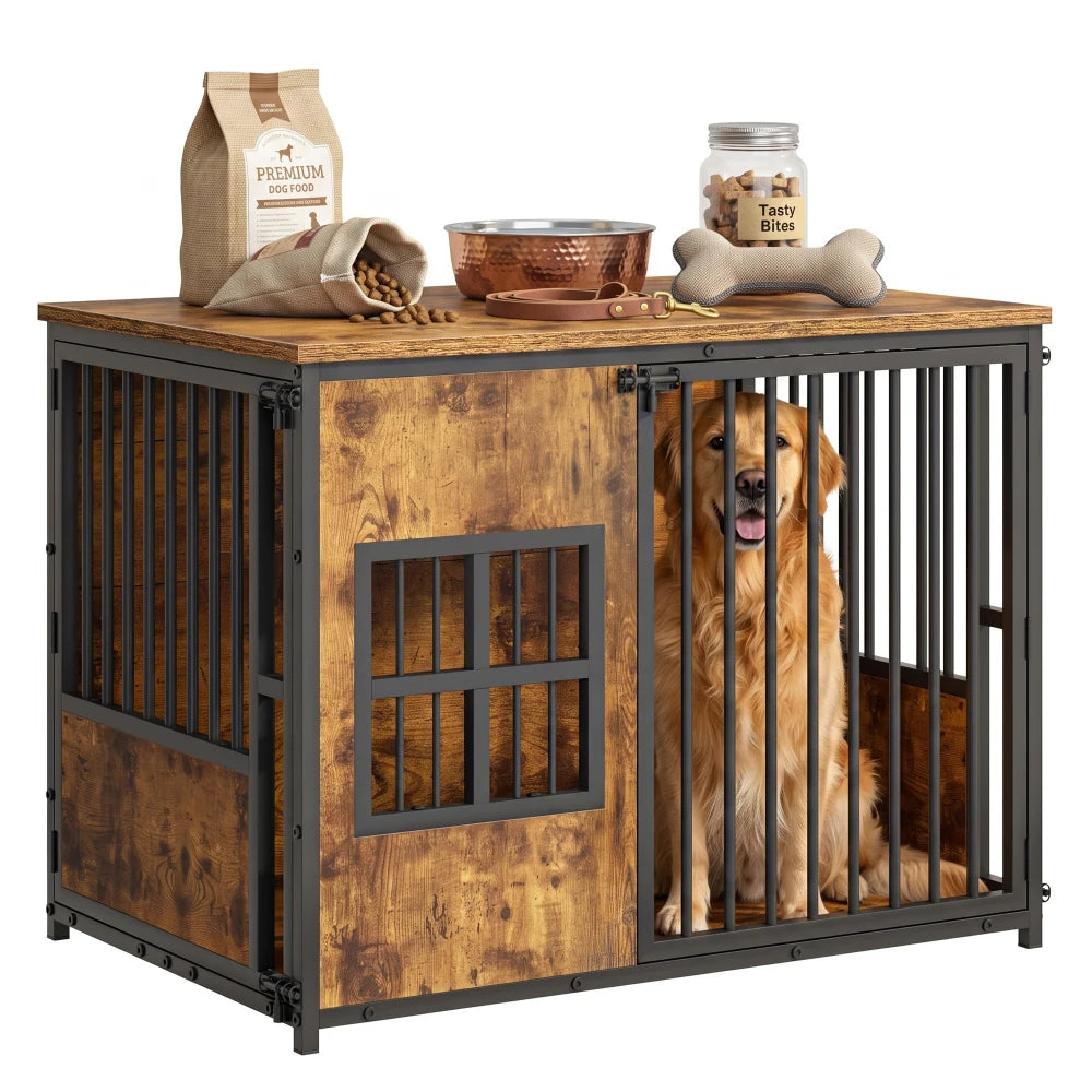 Indoor Wooden Metal Dog Crate Furniture With Storage Top