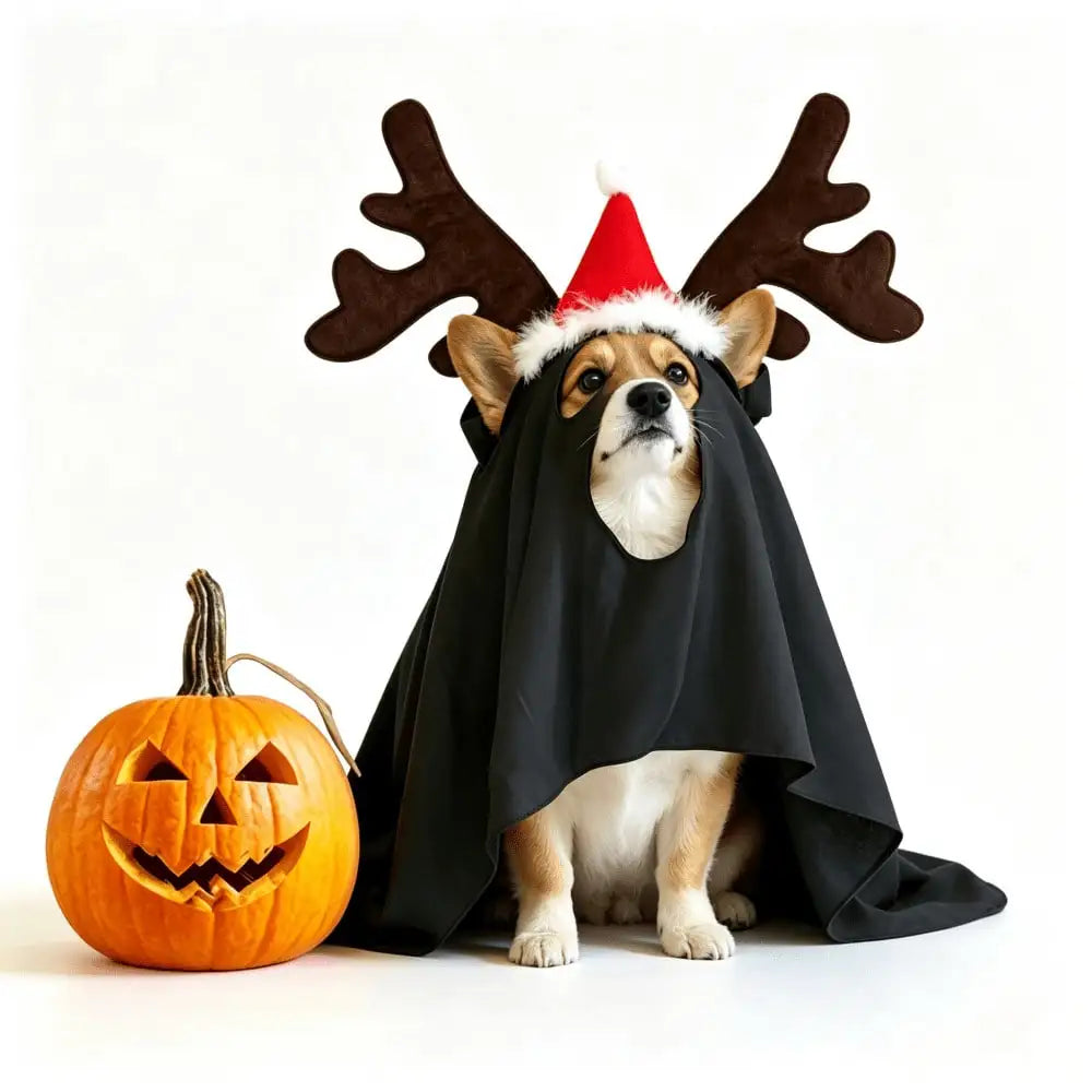 Halloween Ghost Pet Cape With Reindeer Antlers Headband Set