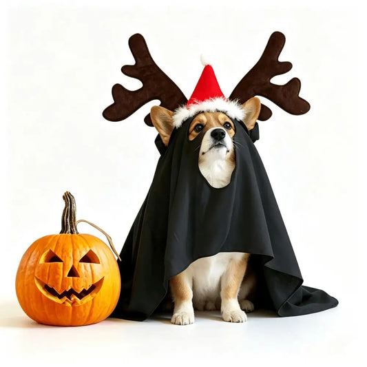 Halloween Ghost Pet Cape With Reindeer Antlers Headband Set