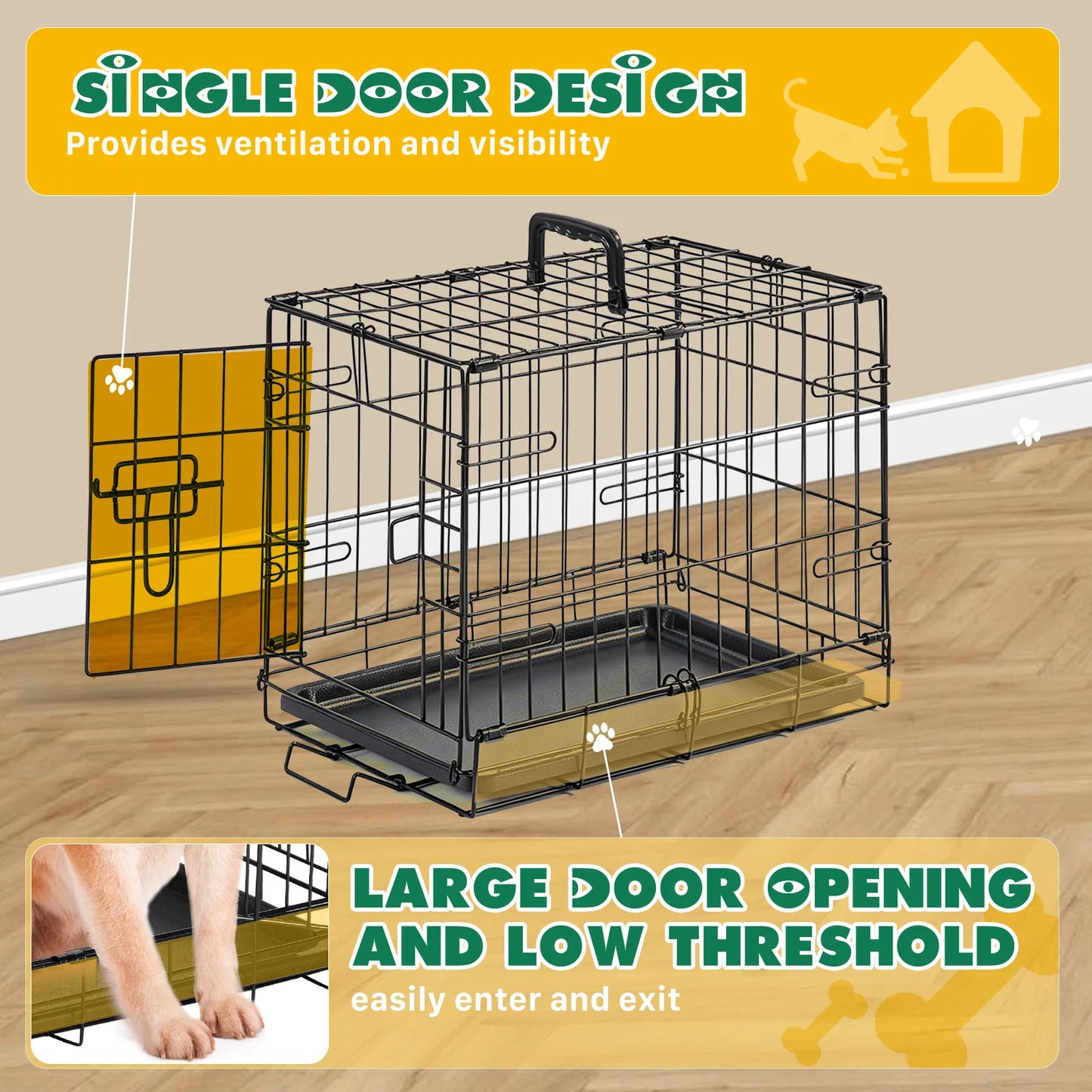 JHK Single Door Metal Dog Crate With Foldable Removable Tray