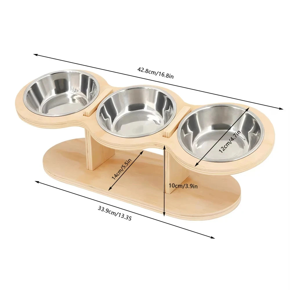 Raised Cat Feeder With Tilted Silicone Mat And 3 Stainless Bowls