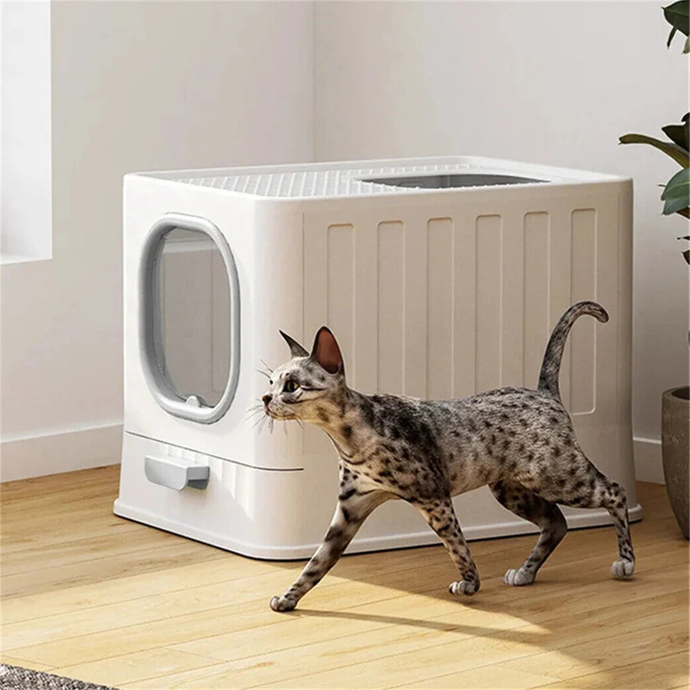 Enclosed Cat Litter Box With Scoop Drawer And Skylight Design