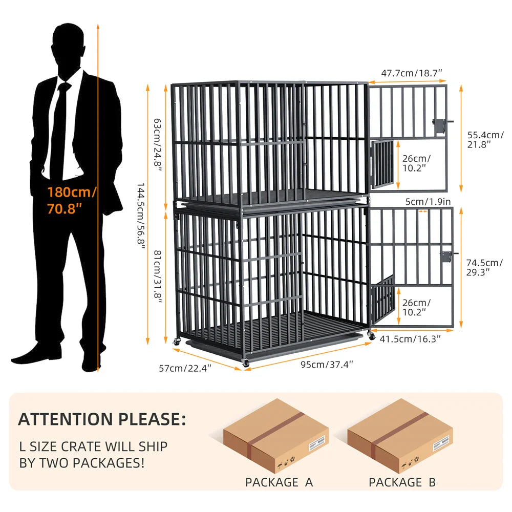 BORWART Oversized Stackable Dog Crate With Removable Tray Lockable Wheels
