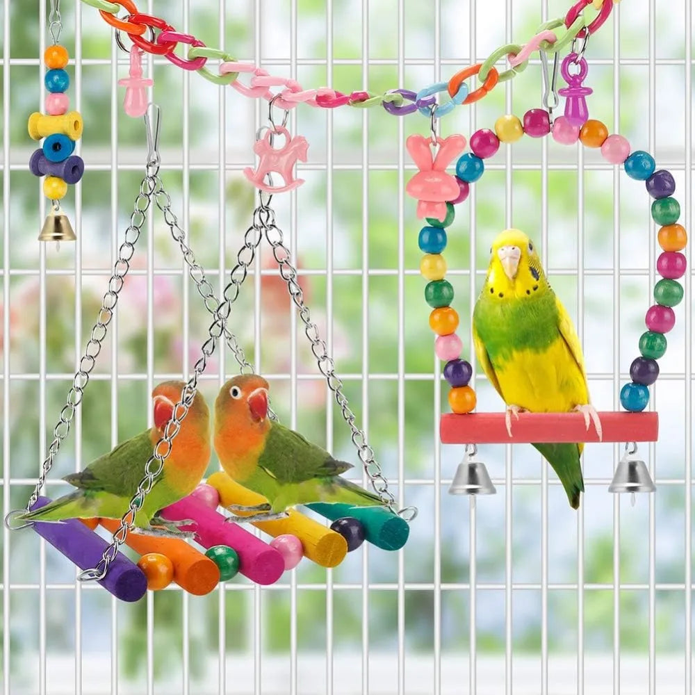 Parakeet Bird Toys 11 Pcs Wood Perch Swings For Birds