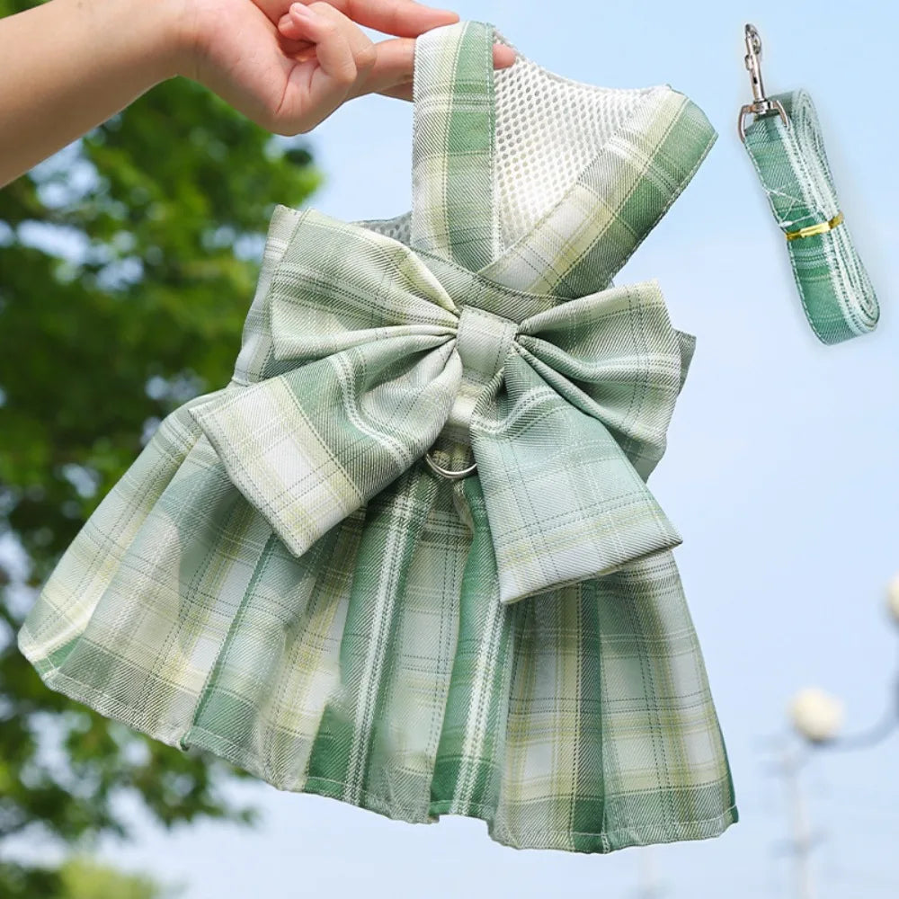 Dog Plaid JK Dress Harness Skirt With Leash Traction Washable