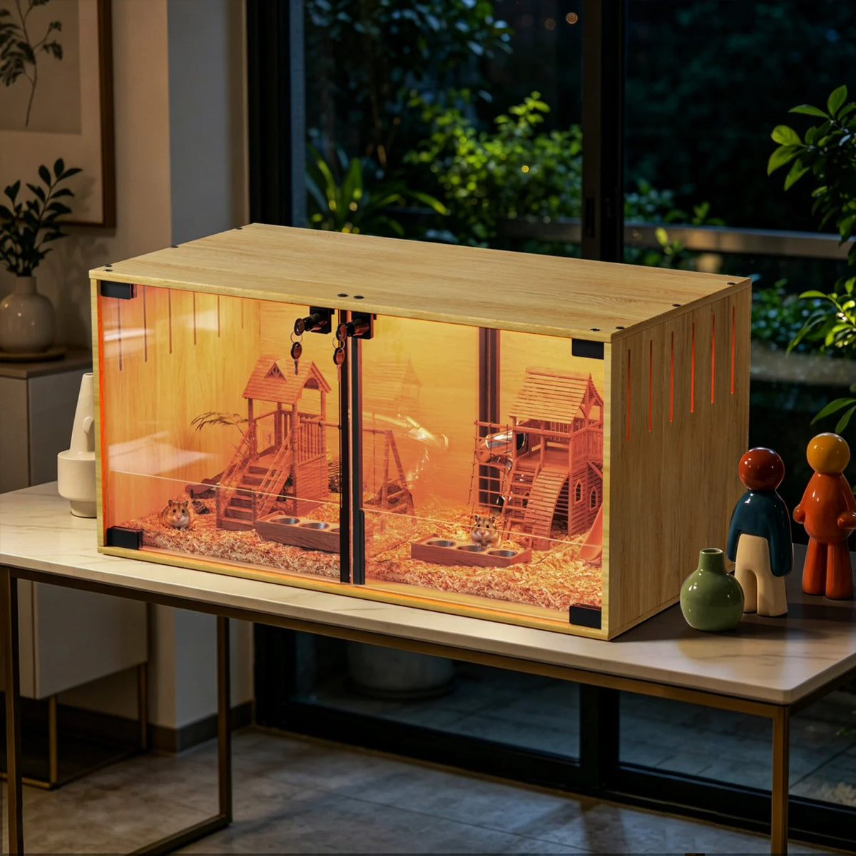 Wooden Hamster Cage Habitat With Removable Divider And Glass Panels