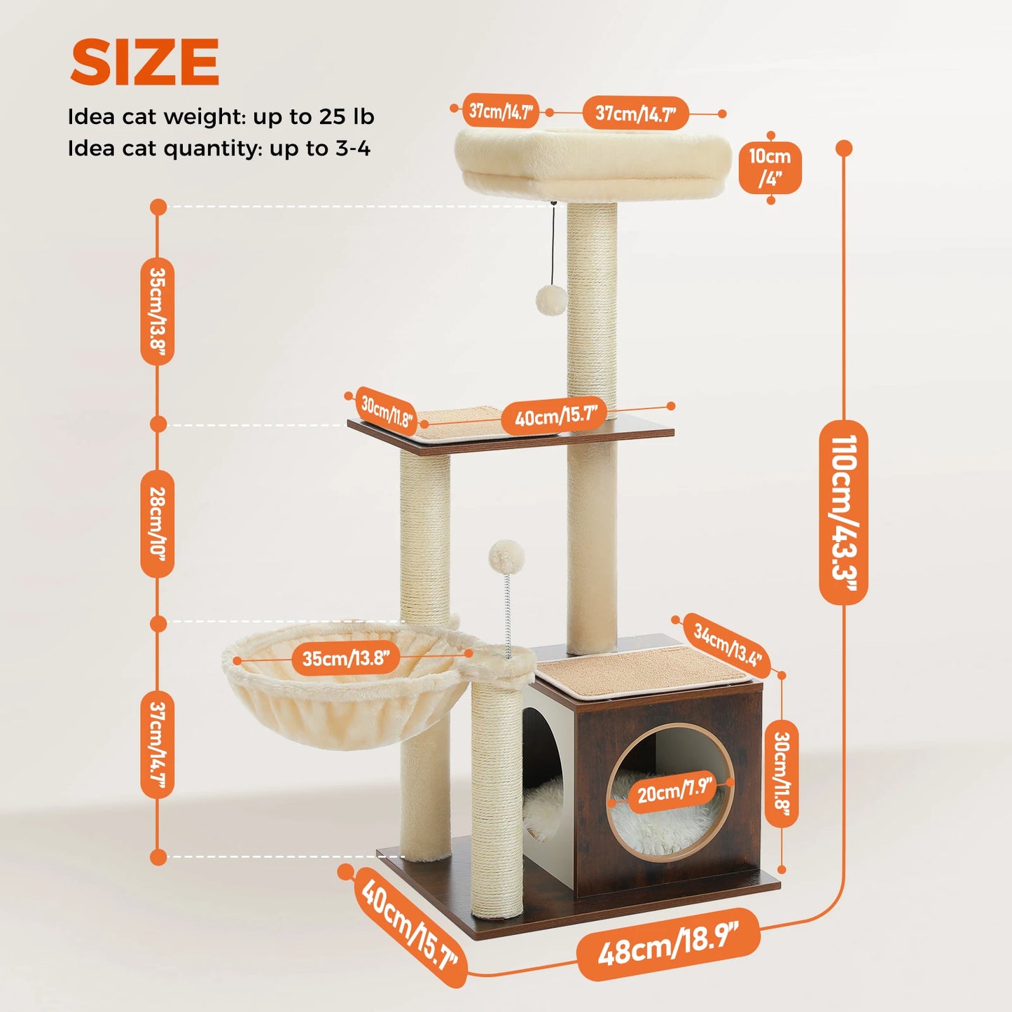 PAWZ Road Modern 3-Tier Wood Cat Tree With Cozy Condo