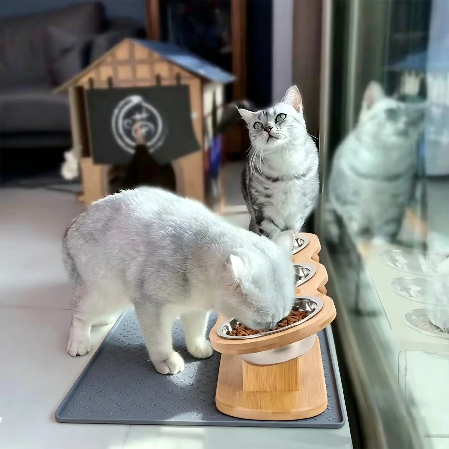 Raised Cat Feeder With Tilted Silicone Mat And 3 Stainless Bowls