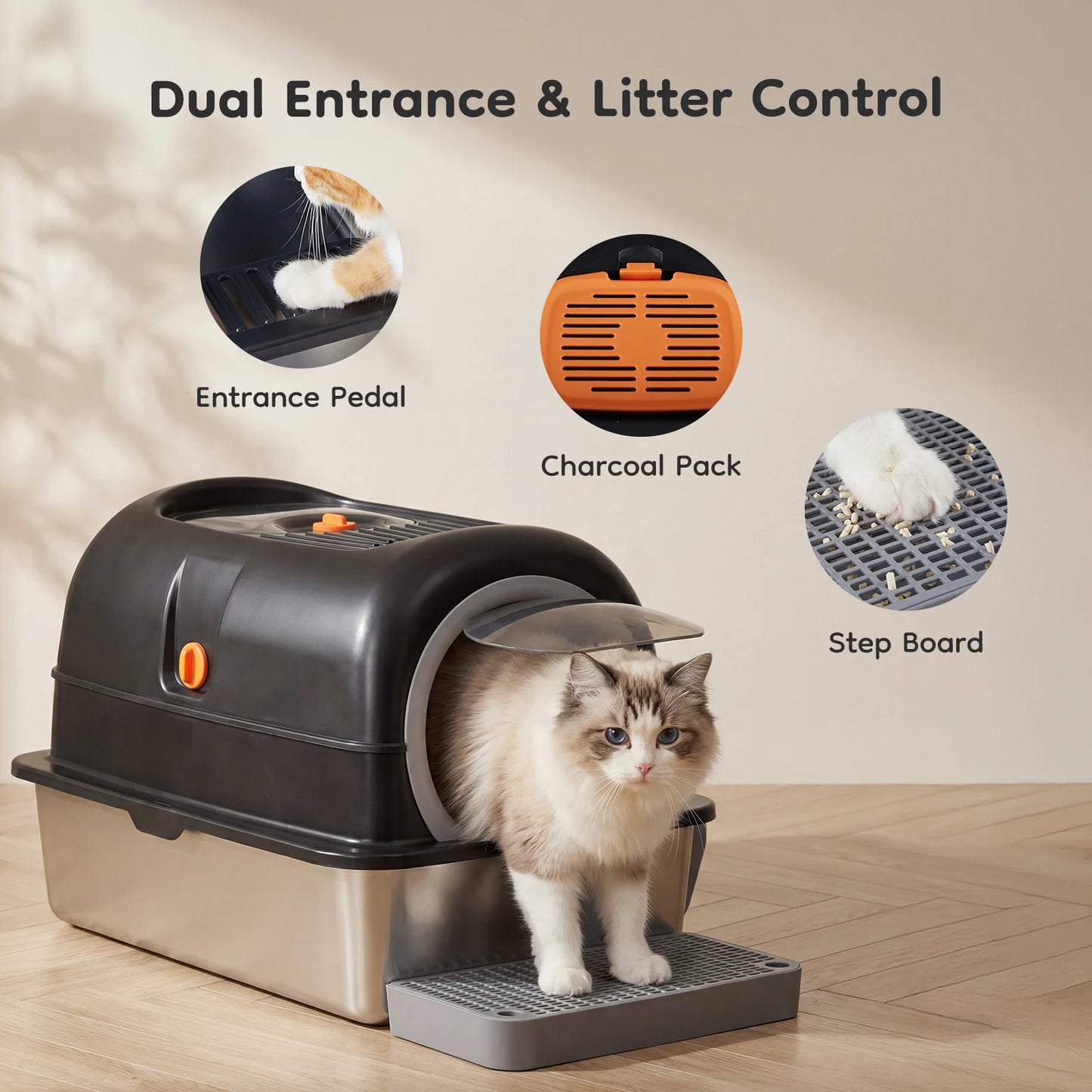 JHK Stainless Steel Enclosed Cat Litter Box for Big Cats